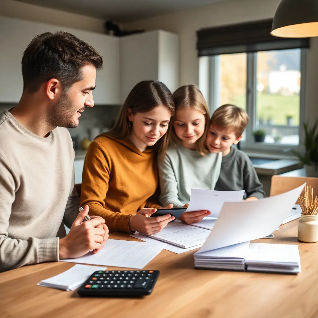 Familie bespreekt financiën aan keukentafel