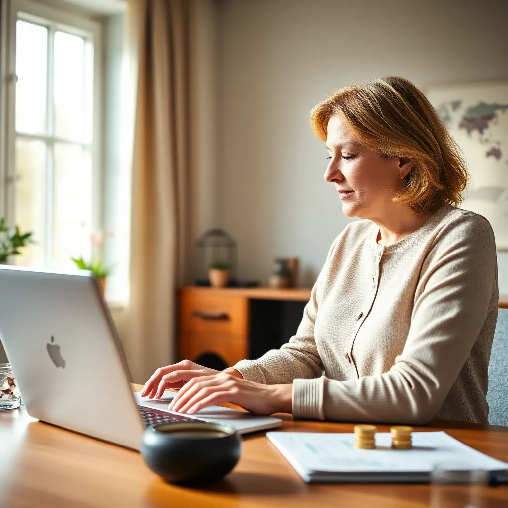 Nederlandse vrouw analyseert beleggingsportefeuille op laptop