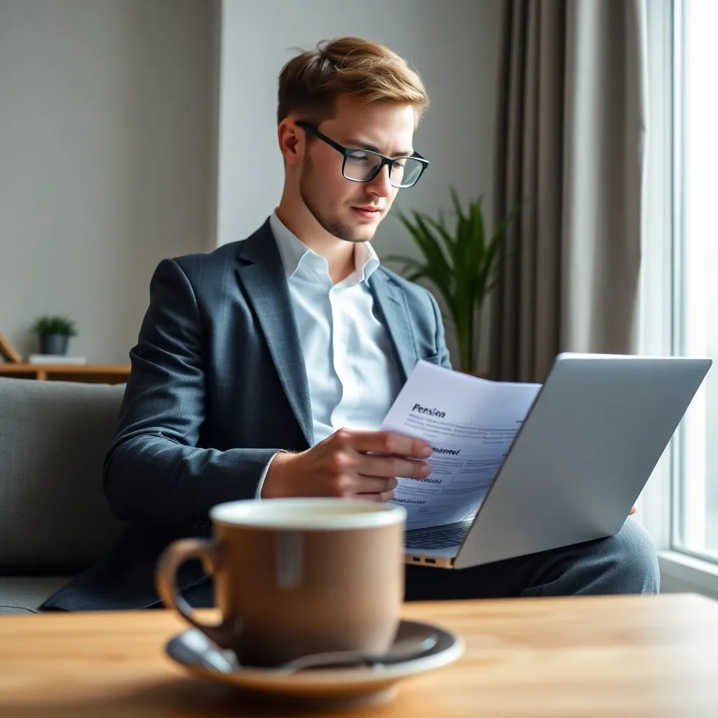 Jonge professional die pensioenplan bestudeert op laptop